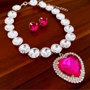 Pink Heart Rhinestone Necklace & Pink Stud Earring Set Women Party Glam Jewelry
